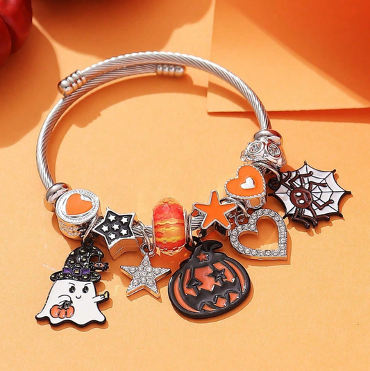Halloween Beaded Bracelet with Cute Ghost and Pumpkin Charms