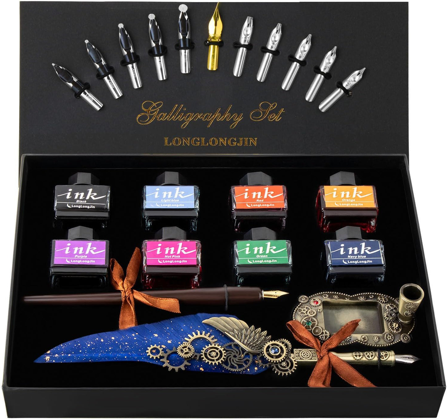 Calligraphy Quill Pen and Ink Set - Writing Quill ink Set Beginners Quill Pen Includes Wooden Dip Pen calligraphy set adults,8 Colors Ink,11 Nibs