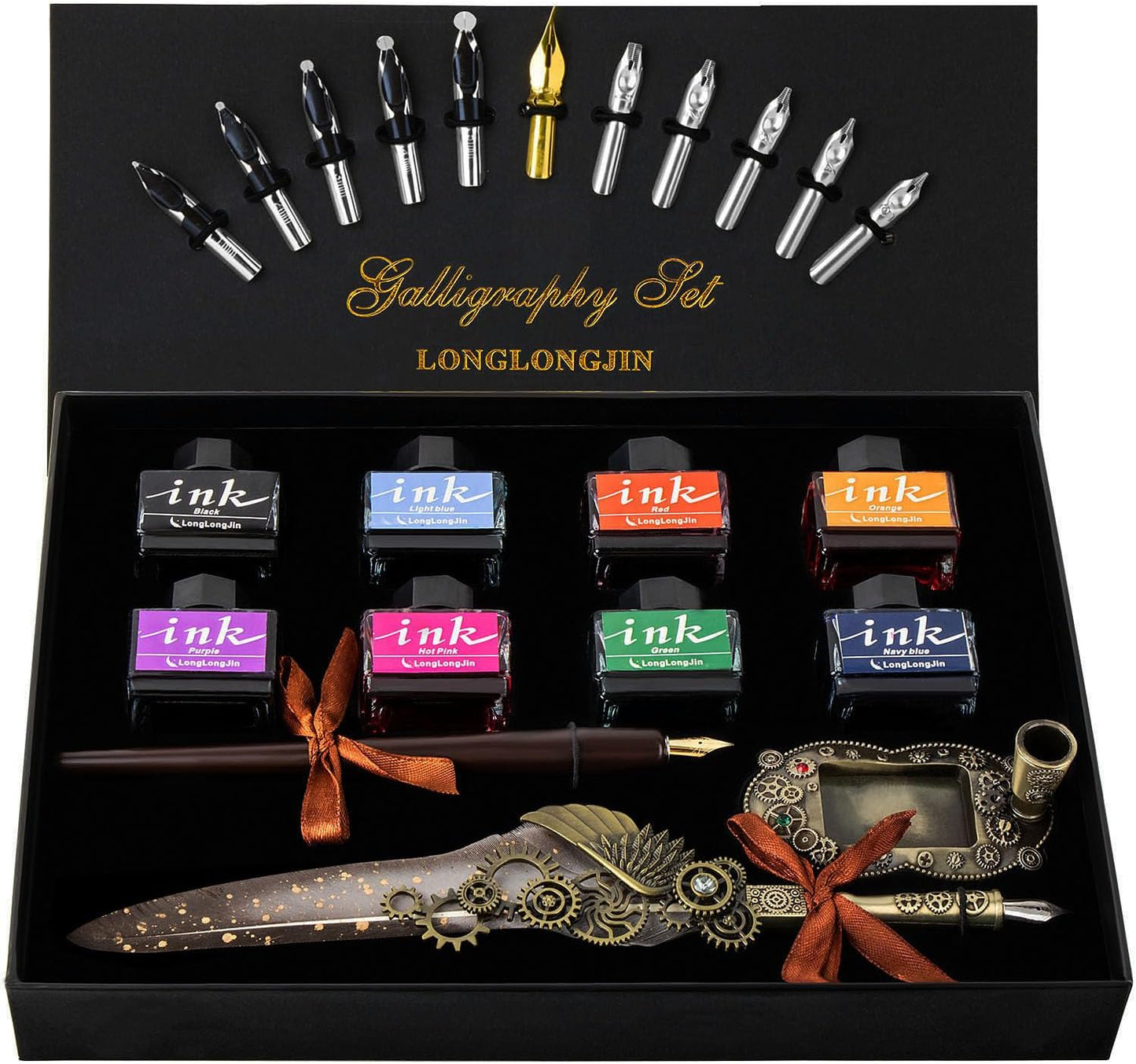 Calligraphy Quill Pen and Ink Set - Writing Quill ink Set Beginners Quill Pen Includes Wooden Dip Pen calligraphy set adults,8 Colors Ink,11 Nibs