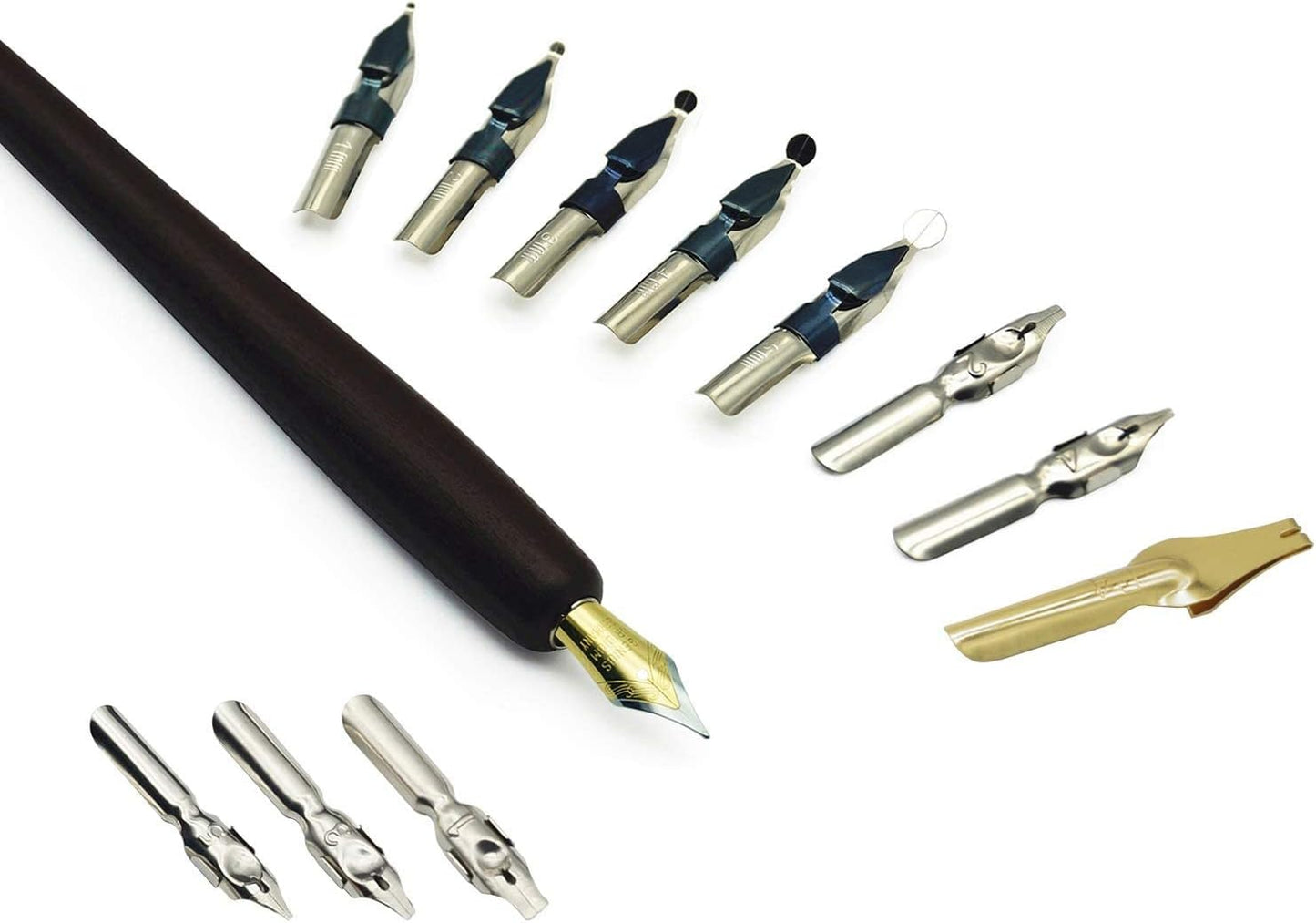 Masterful Calligraphy Kit: Wooden Dip Pen, Antique Brass Holder, 11 Nibs, 7 Vibrant Ink Bottles, and Comprehensive Beginner's Guide