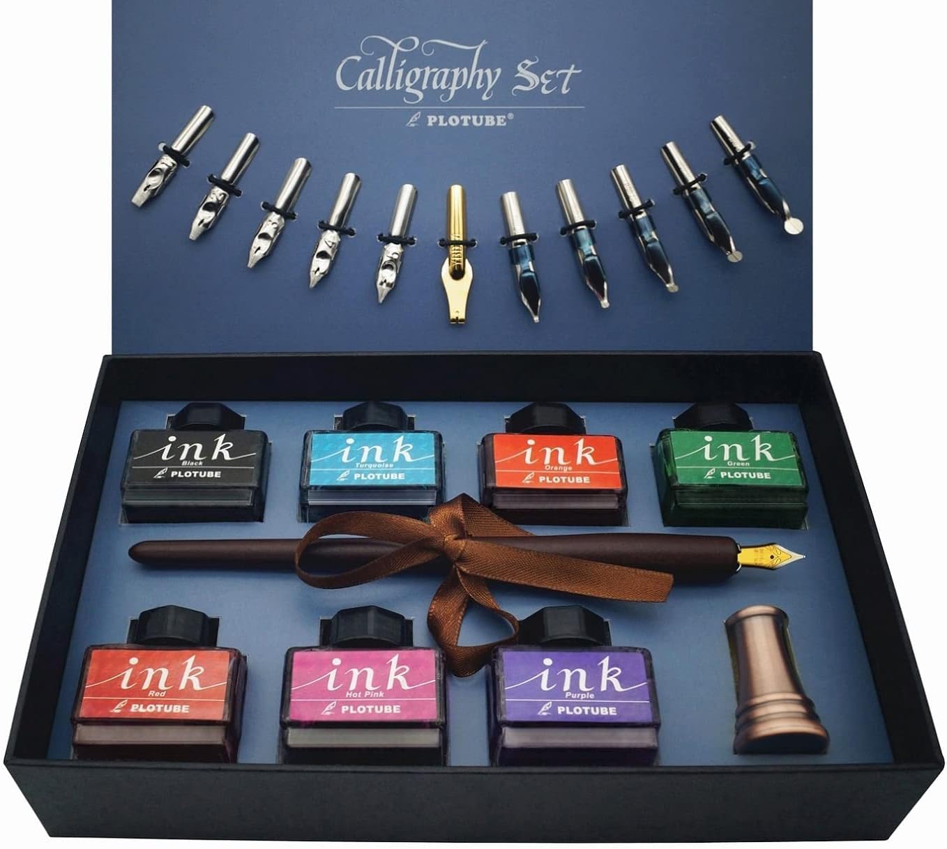 Masterful Calligraphy Kit: Wooden Dip Pen, Antique Brass Holder, 11 Nibs, 7 Vibrant Ink Bottles, and Comprehensive Beginner's Guide