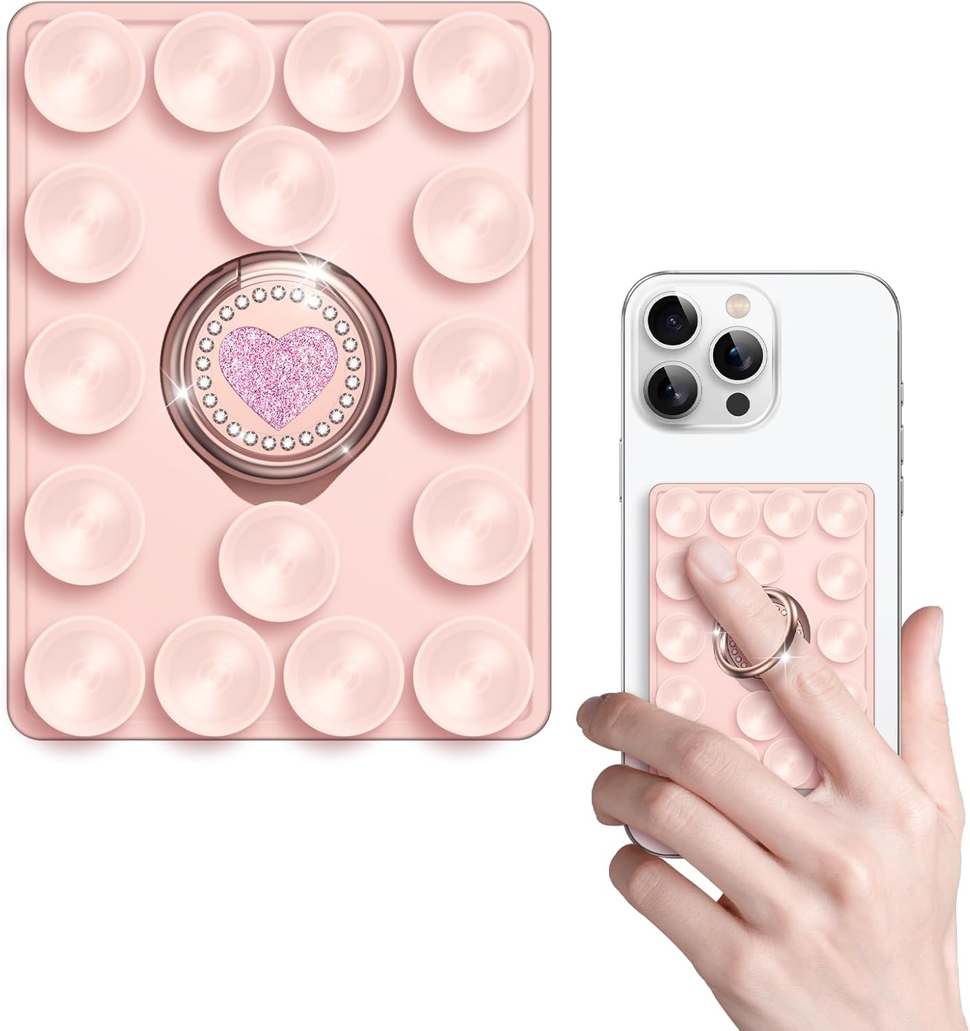 Silicone Suction Cup Phone Case Grip with Love Heart Ring Holder – Reusable Adhesive Stand & Phone Charm Base Stick