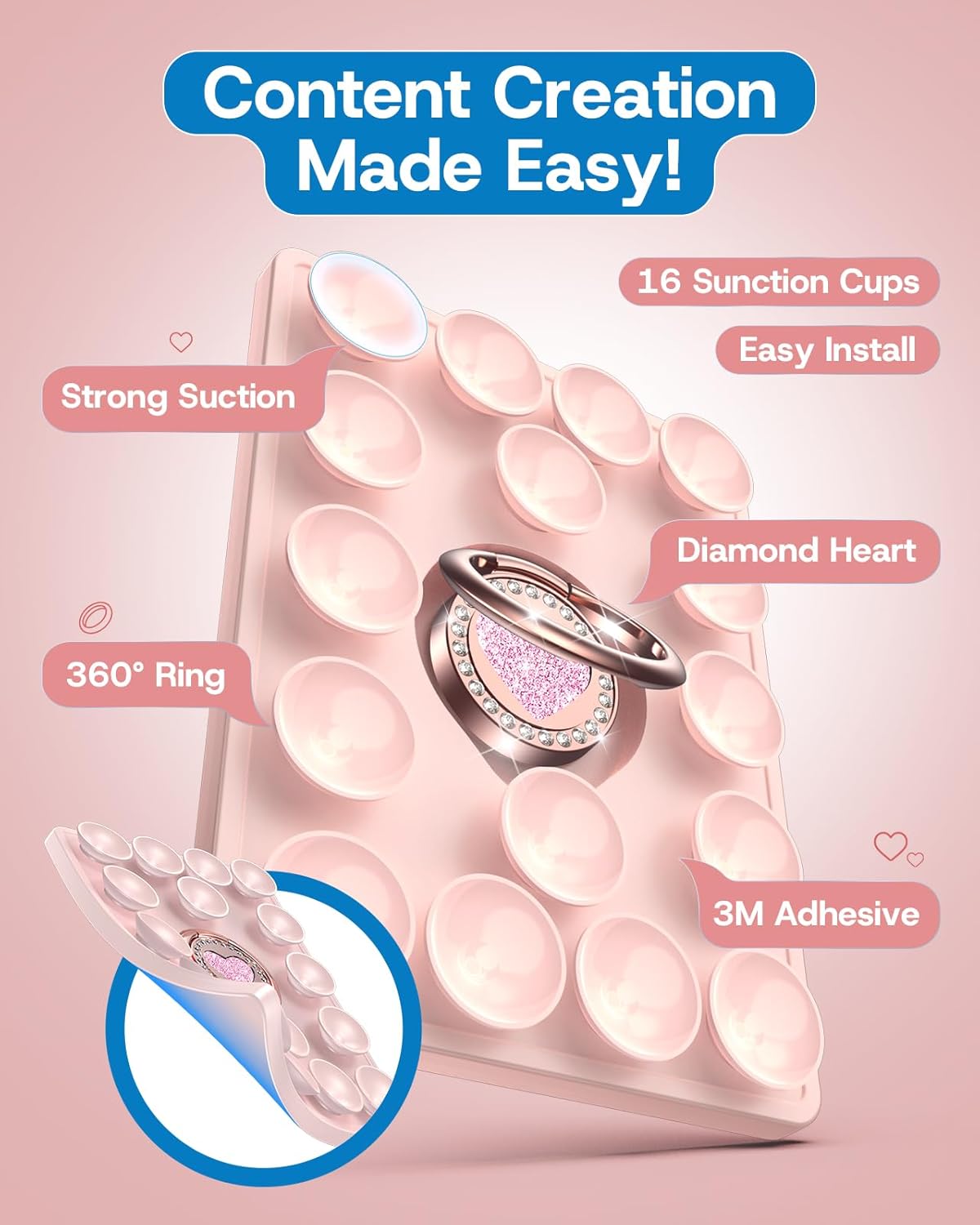 Silicone Suction Cup Phone Case Grip with Love Heart Ring Holder – Reusable Adhesive Stand & Phone Charm Base Stick