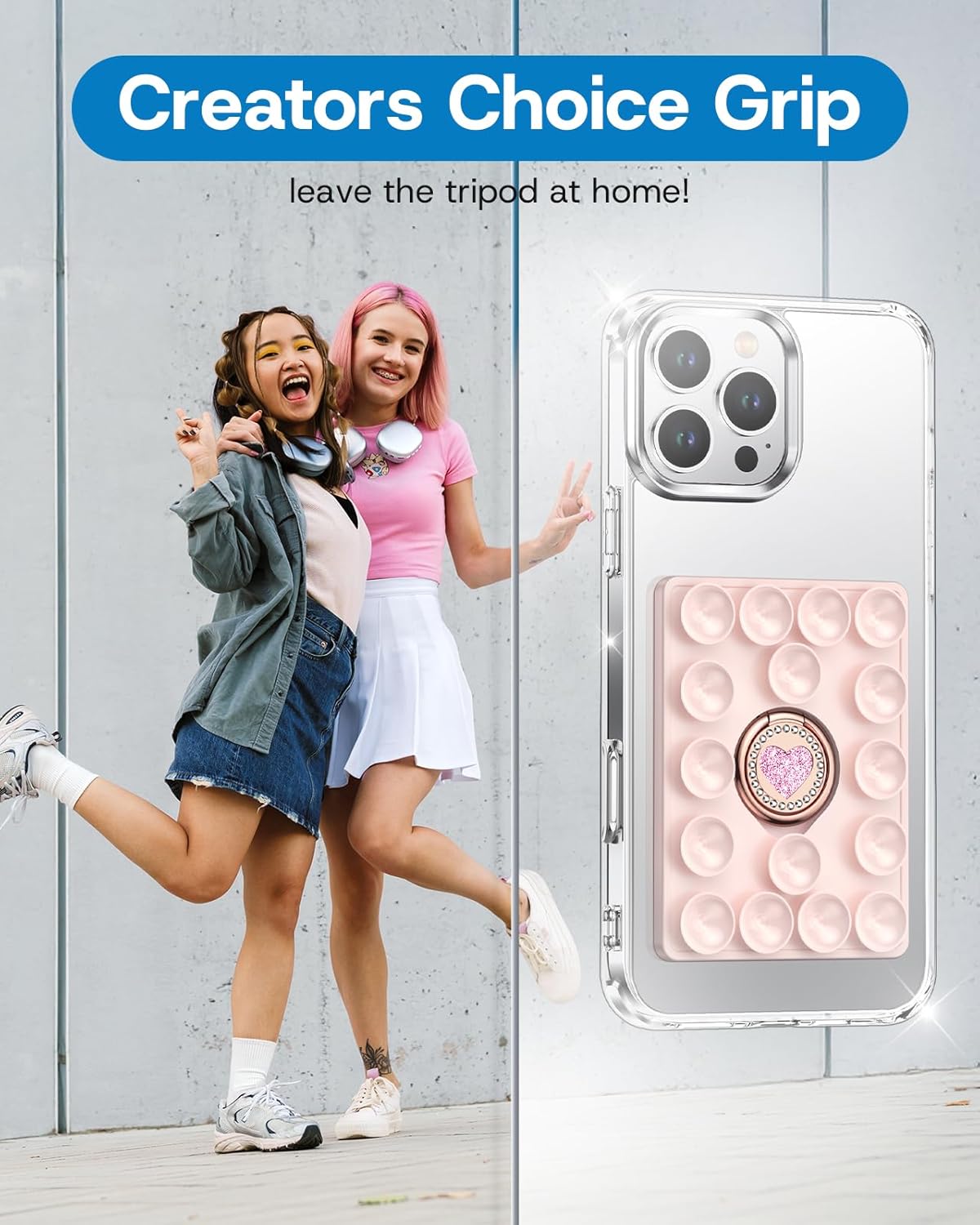 Silicone Suction Cup Phone Case Grip with Love Heart Ring Holder – Reusable Adhesive Stand & Phone Charm Base Stick