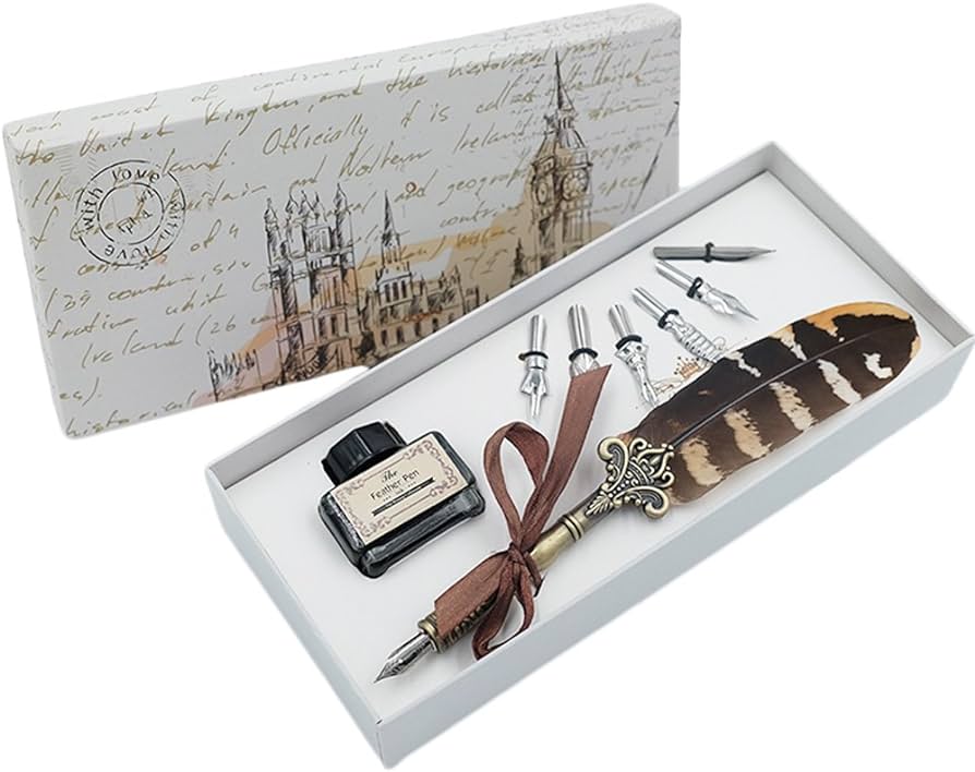 Vintage Feather Pen and Ink Set: Antique Quill Pen with 6 Replacement Nibs - Calligraphy Pens