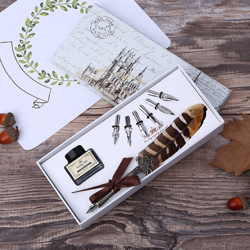 Vintage Feather Pen and Ink Set: Antique Quill Pen with 6 Replacement Nibs - Calligraphy Pens