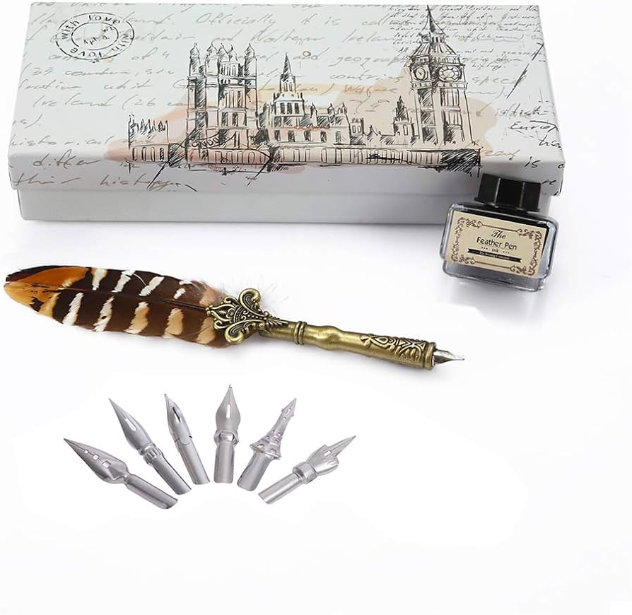 Vintage Feather Pen and Ink Set: Antique Quill Pen with 6 Replacement Nibs - Calligraphy Pens