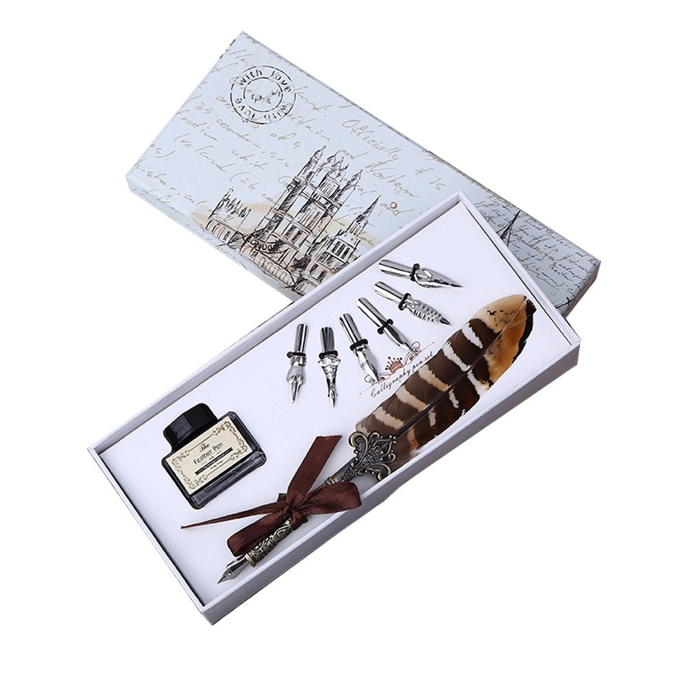 Vintage Feather Pen and Ink Set: Antique Quill Pen with 6 Replacement Nibs - Calligraphy Pens