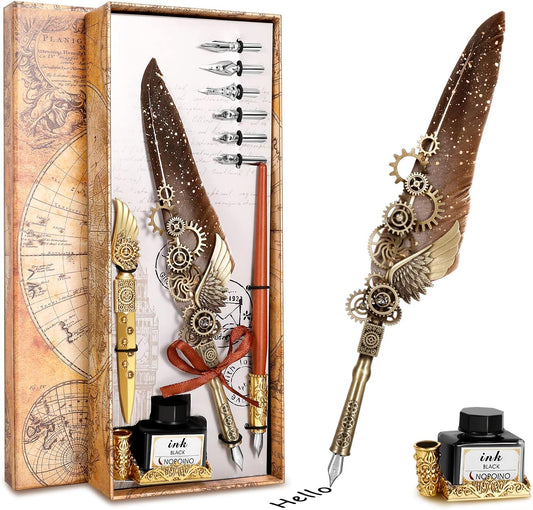 Steampunk Style Quill Pen Calligraphy Set - Grey, Mechanical Feather Design