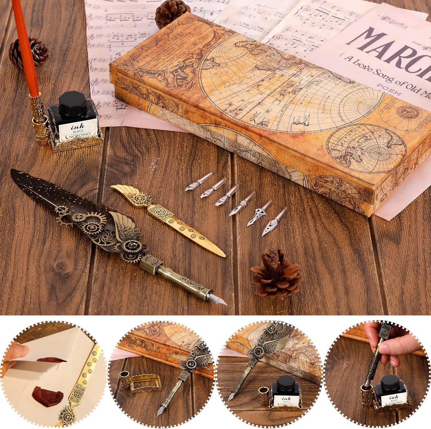 Steampunk Style Quill Pen Calligraphy Set - Grey, Mechanical Feather Design