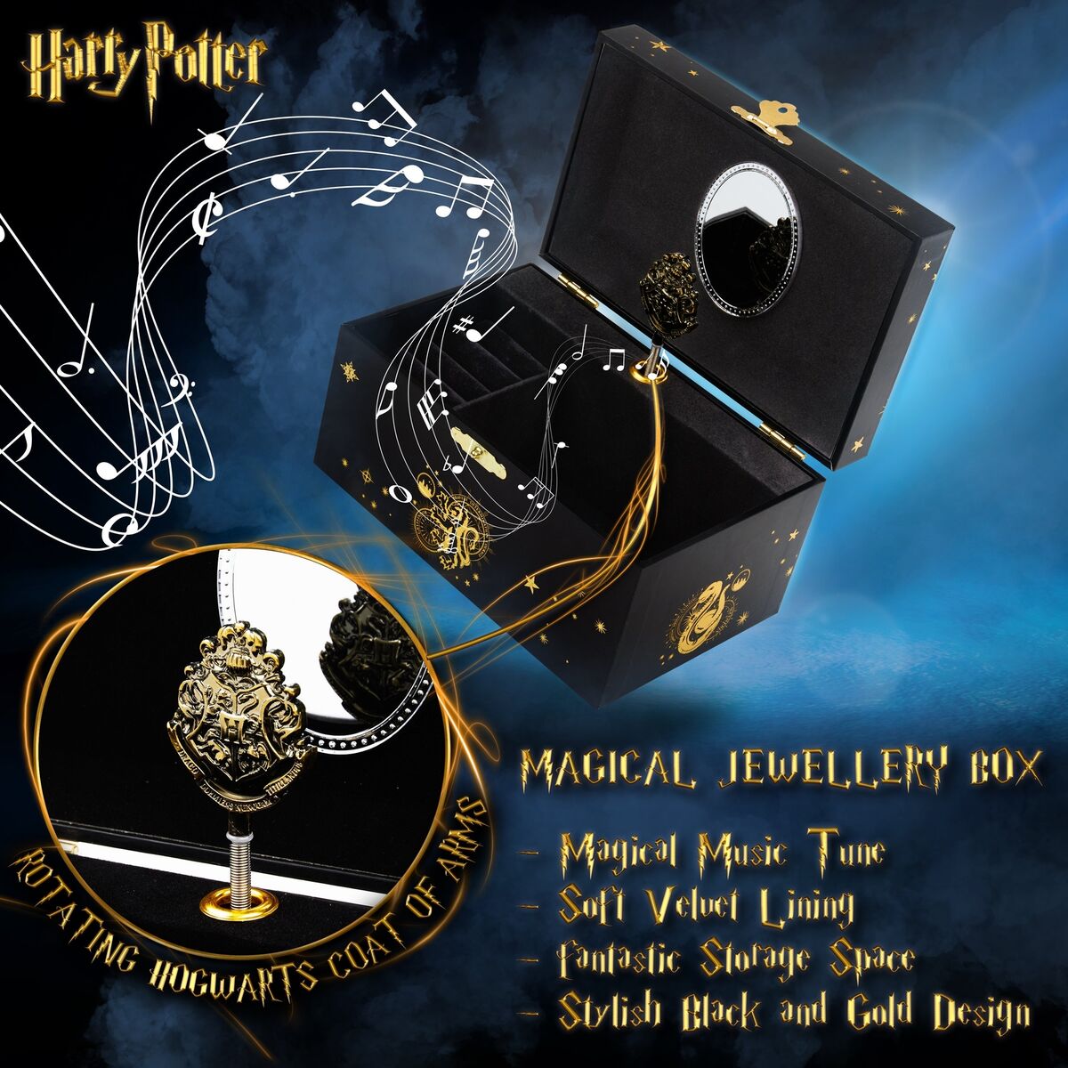 Harry Potter Musical Jewelry Box: Spinning Hogwarts Crest, Stylish Storage