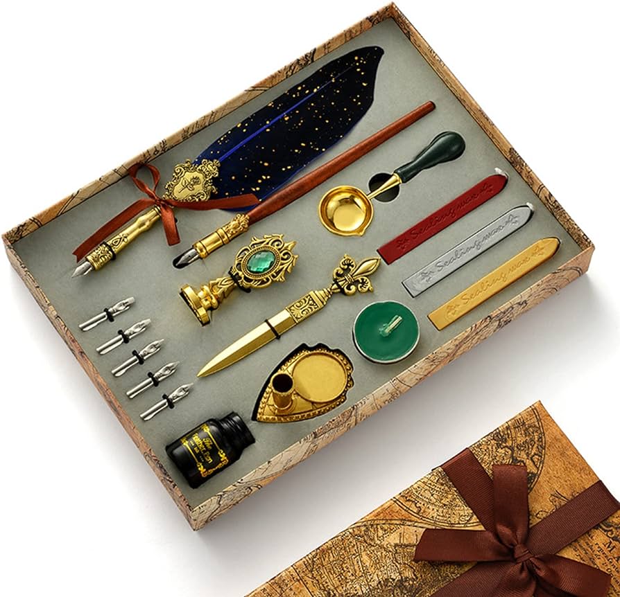 Glittering Quill Pen Ink Set: Antique Feather Pen with Sealing Wax Stamp Kit