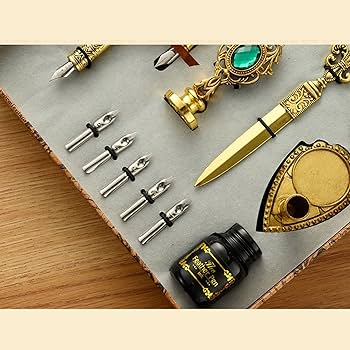 Glittering Quill Pen Ink Set: Antique Feather Pen with Sealing Wax Stamp Kit