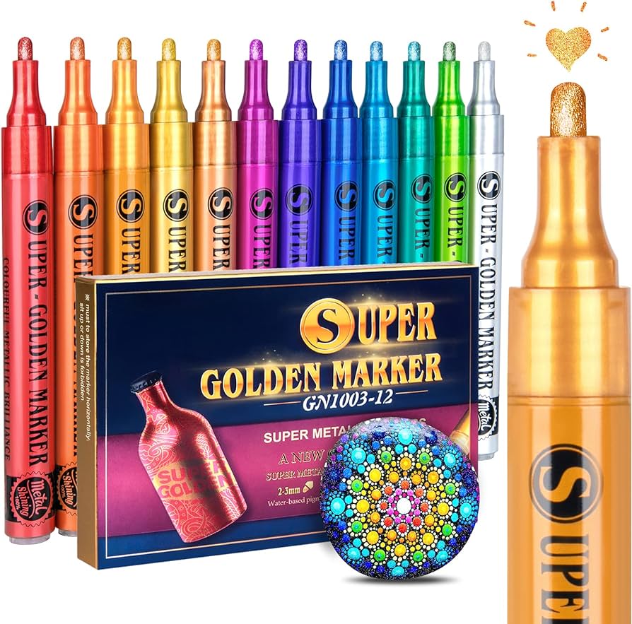 Sparkle Metallic Acrylic Paint Markers - Glitter Pens for Scrapbooking, Rock Painting, Christmas Crafts - Ceramic, Glass, Wood, Fabric, Canvas