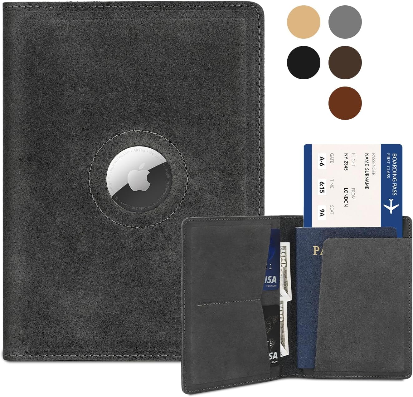 Handmade Real Leather Airtag Passport Holder – Travel Wallet with Airtag Slot, RFID Protection