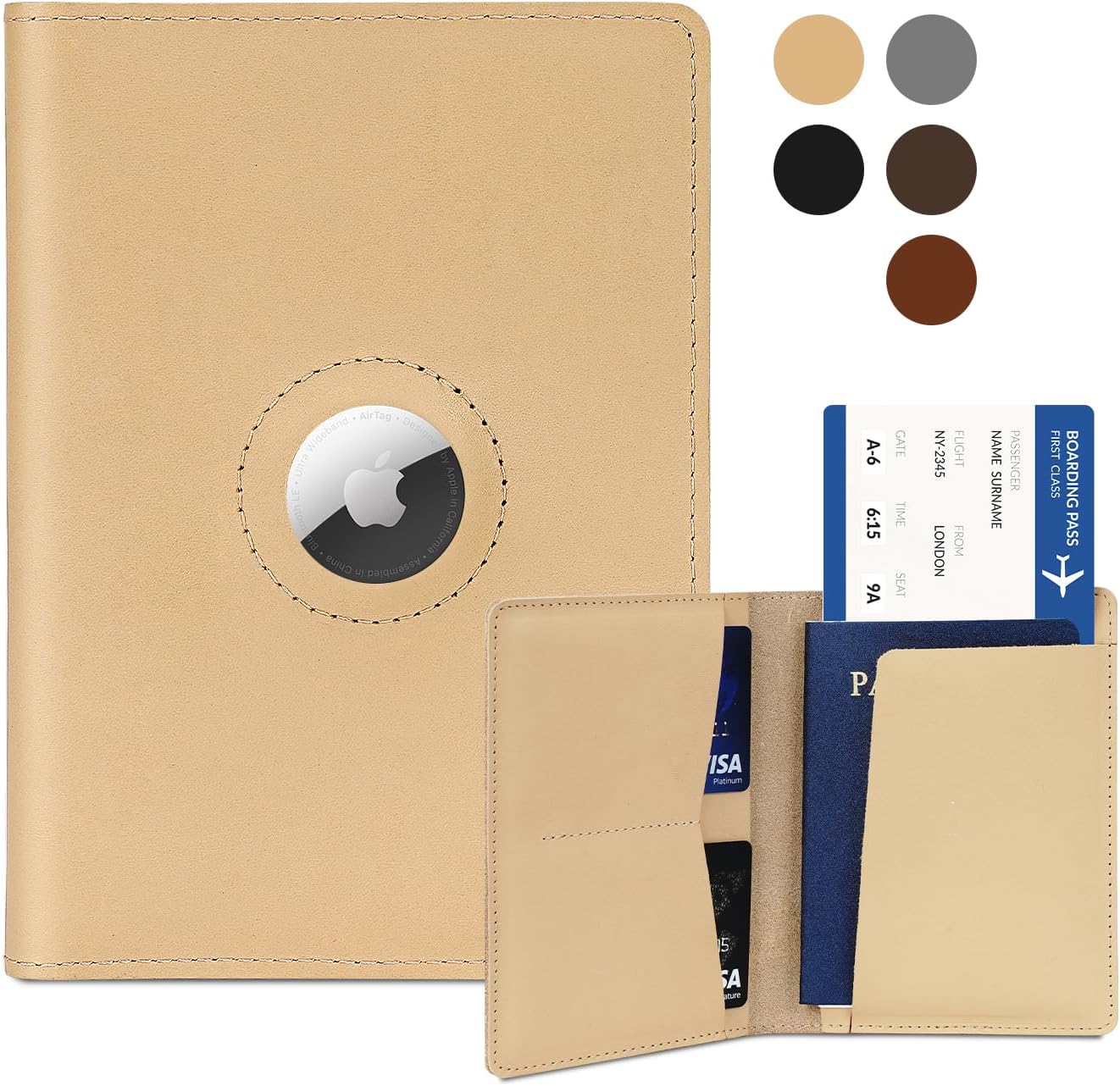 Handmade Real Leather Airtag Passport Holder – Travel Wallet with Airtag Slot, RFID Protection