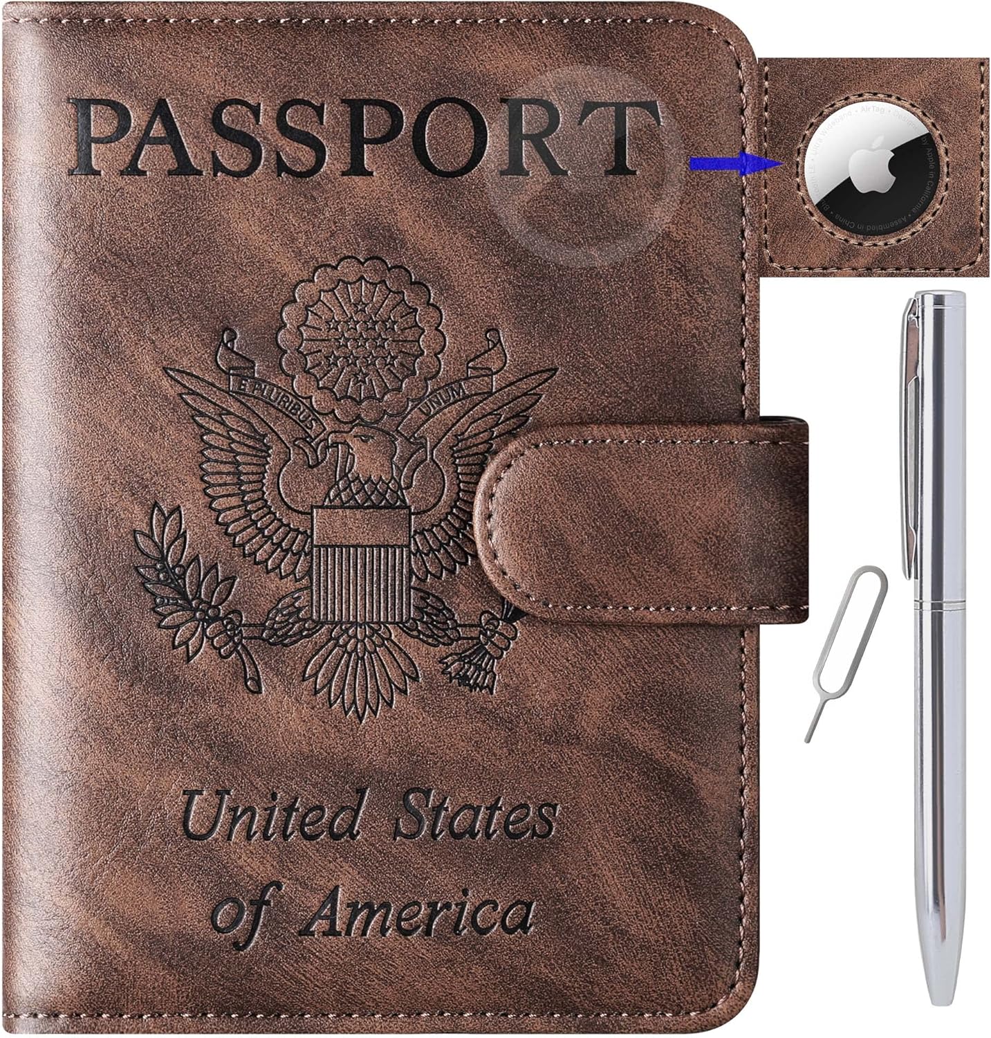 Airtag-Compatible Leather Passport Holder Wallet – RFID-Blocking Travel Case for Men & Women, Vacation Essentials