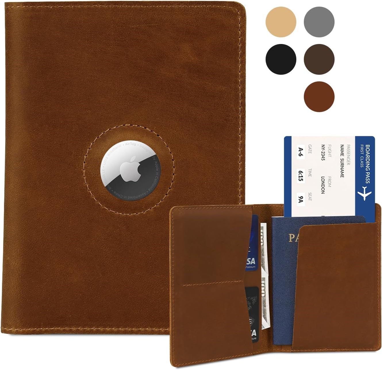 Handmade Real Leather Airtag Passport Holder – Travel Wallet with Airtag Slot, RFID Protection