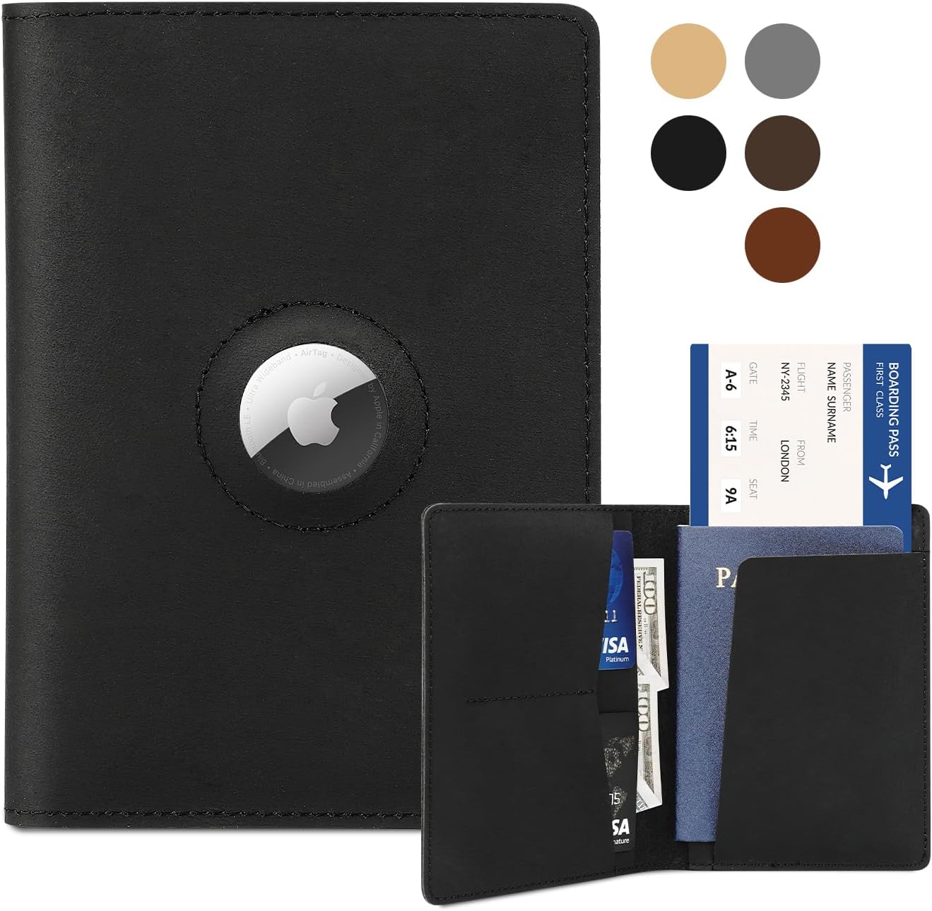 Handmade Real Leather Airtag Passport Holder – Travel Wallet with Airtag Slot, RFID Protection