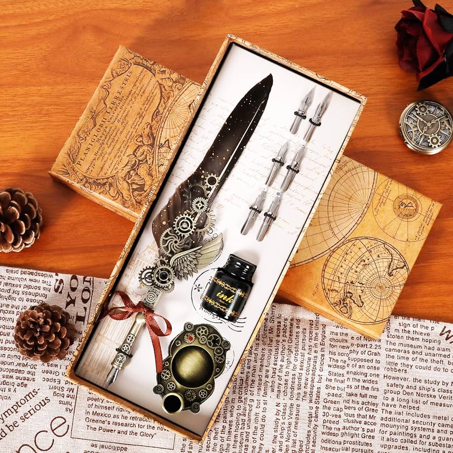 Luxury Grey Feather Pen Set: Calligraphy Fountain Dip Ink - Perfect Christmas & Birthday Gift for Handwriting Enthusiasts