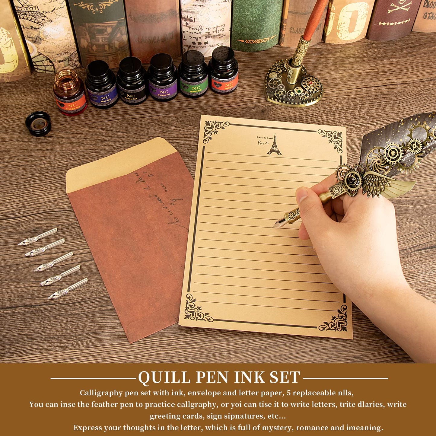 Luxury Grey Feather Pen Set: Calligraphy Fountain Dip Ink - Perfect Christmas & Birthday Gift for Handwriting Enthusiasts