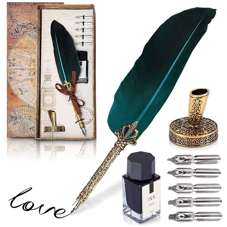 Green Feather Quill Pen Set: Elegant Vintage Writing Supplies