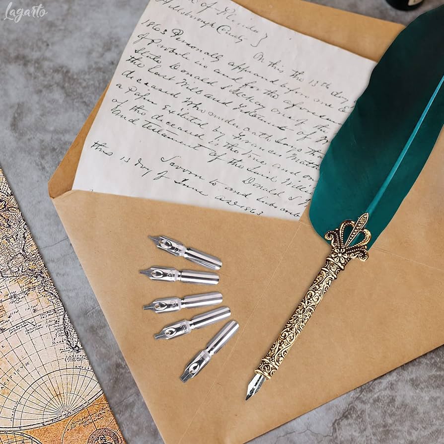 Green Feather Quill Pen Set: Elegant Vintage Writing Supplies