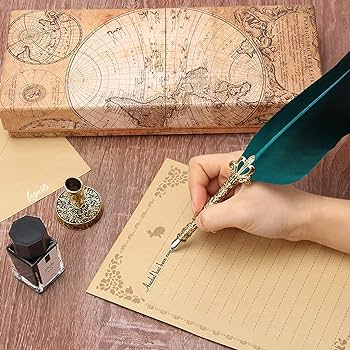 Green Feather Quill Pen Set: Elegant Vintage Writing Supplies