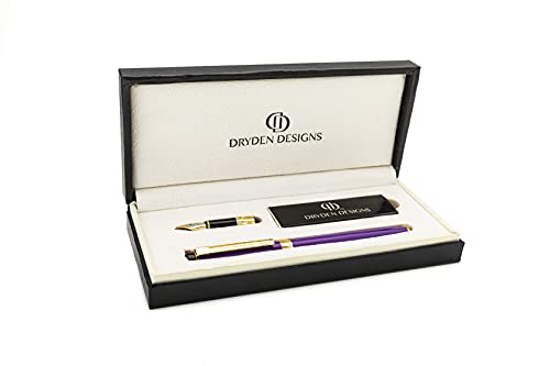 Dryden Designs Fountain Pen Set - Medium and Fine Nibs | Luxury Box, 6 Ink Cartridges - 3 Black 3 Blue, Ink Refill Converter - Intense Black