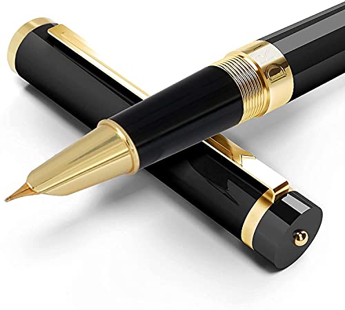 Dryden Designs Fountain Pen Set - Medium and Fine Nibs | Luxury Box, 6 Ink Cartridges - 3 Black 3 Blue, Ink Refill Converter - Intense Black