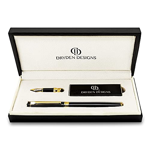 Dryden Designs Fountain Pen Set - Medium and Fine Nibs | Luxury Box, 6 Ink Cartridges - 3 Black 3 Blue, Ink Refill Converter - Intense Black