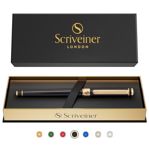 Prestigequill: Scriveiner Black Lacquer Rollerball Pen - Luxury with 24K Gold Finish, Schmidt Ink Refill - Best Gift Set for Professional, Executive Office