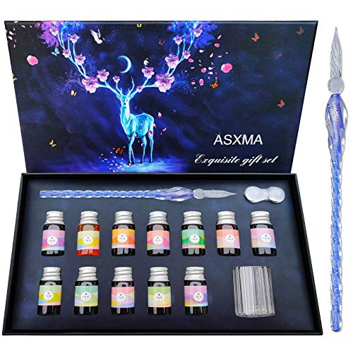 Glass Dip Calligraphy Pen Set, 14-Pieces 12 Color Inks, Pen Holder, Cleaning Cup, 1Crystal Glass Pens for Art, Writing, Drawing, Signatures, Gift for Kids and Artist