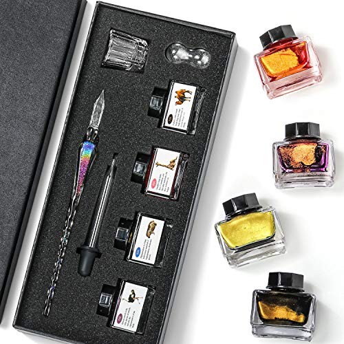 Handmade Glass Dipped Pen and Ink Set - 15ml Color Inks, Pen Holder, Cleaning Cup, Ink Drip Tool, Crystal Signature Ink Pen for Art, Writing, Signatures, Calligraphy - Christmas Day Gifts Set