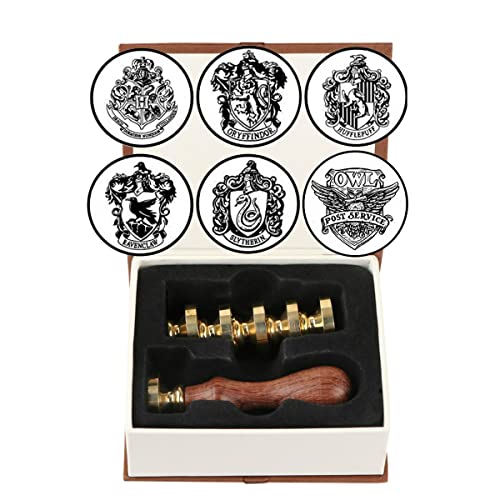 Wax Seal Stamp Set, VIHOME Hogwarts Magic School Seal Stamps Kit Including 6 Pieces Copper Seals + 1 Wooden Hilt (Hogwarts Seal Stamp Kit)