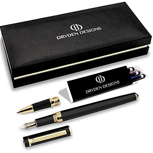 Dryden Designs Fountain Pen Set - Medium and Fine Nibs | Luxury Box, 6 Ink Cartridges - 3 Black 3 Blue, Ink Refill Converter - Intense Black