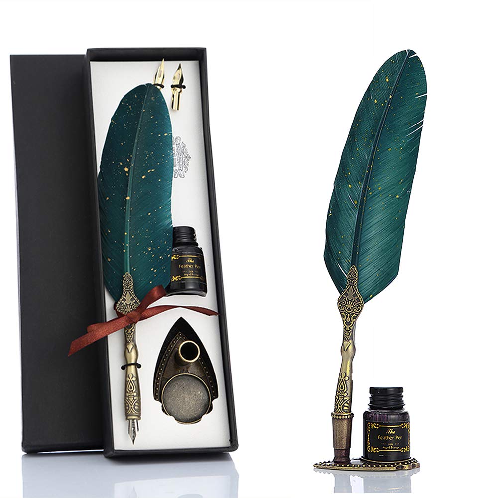 Vintage Green Feather Calligraphy Set with Ink and Stand